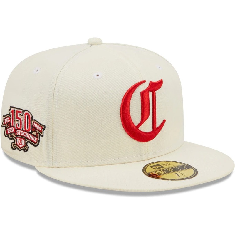 New Era Cincinnati Reds Cream Red Stockings 150th Anniversary Chrome Alternate Undervisor 59FIFTY Fitted Hat